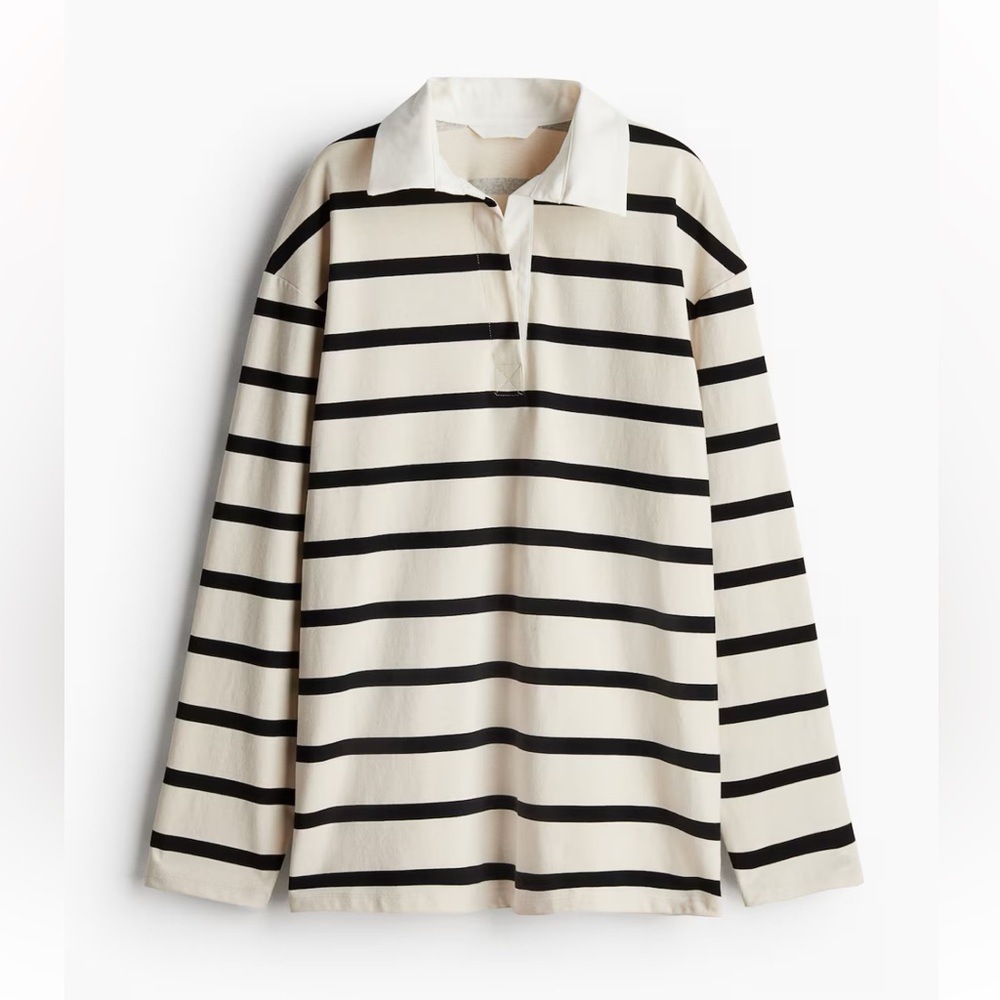 NWT H&M Striped Cream & Black Long Sleeve Polo Shirt 100% Cotton, XL